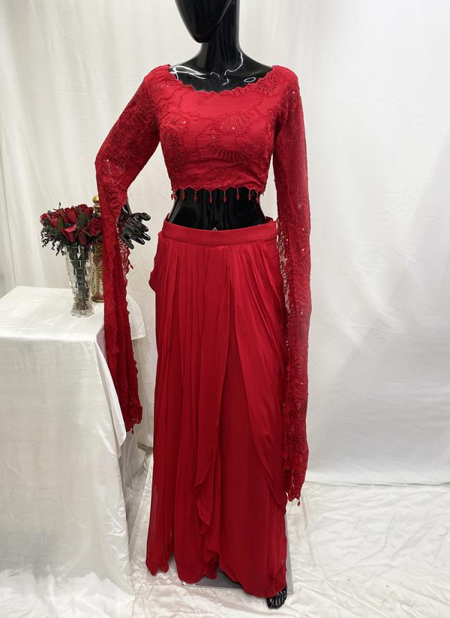 Crepe Red Reception Wear Sequins Work Readymade Indo Western